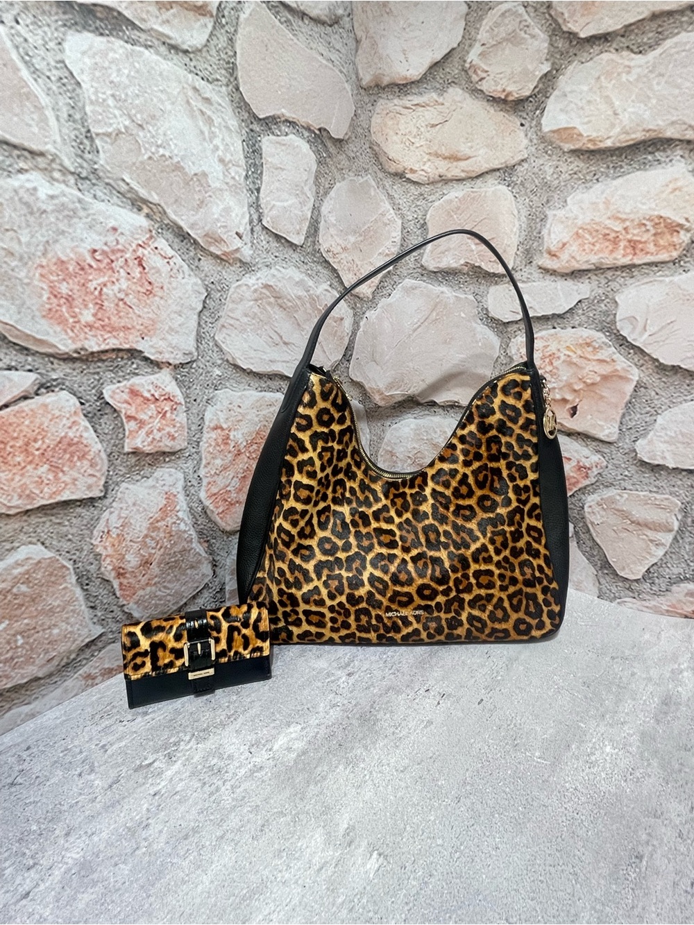 Michael Kors Nayla Large Leopard Print Hobo Shoulder Bag & Matching Wallet Black